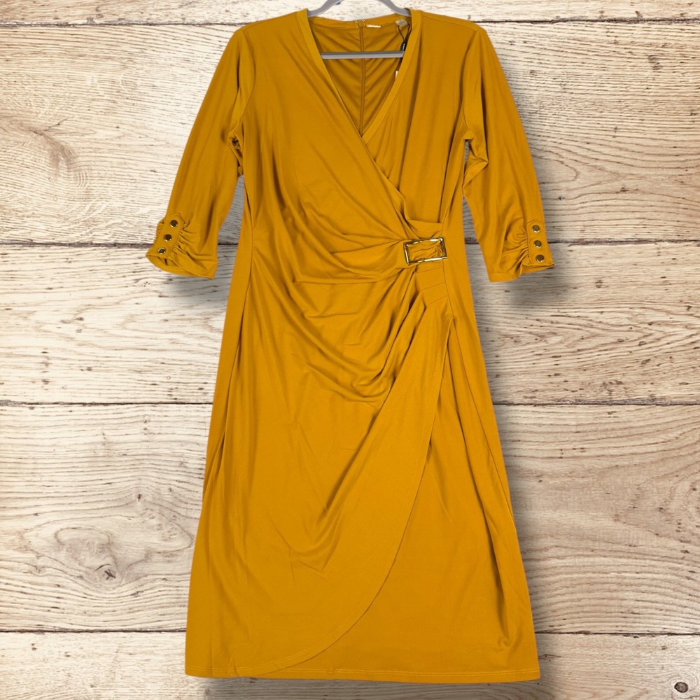 TAHARI Ruched Wrap with Buckle Dress NWT Women's Size 12 Fall‎ Mustard
